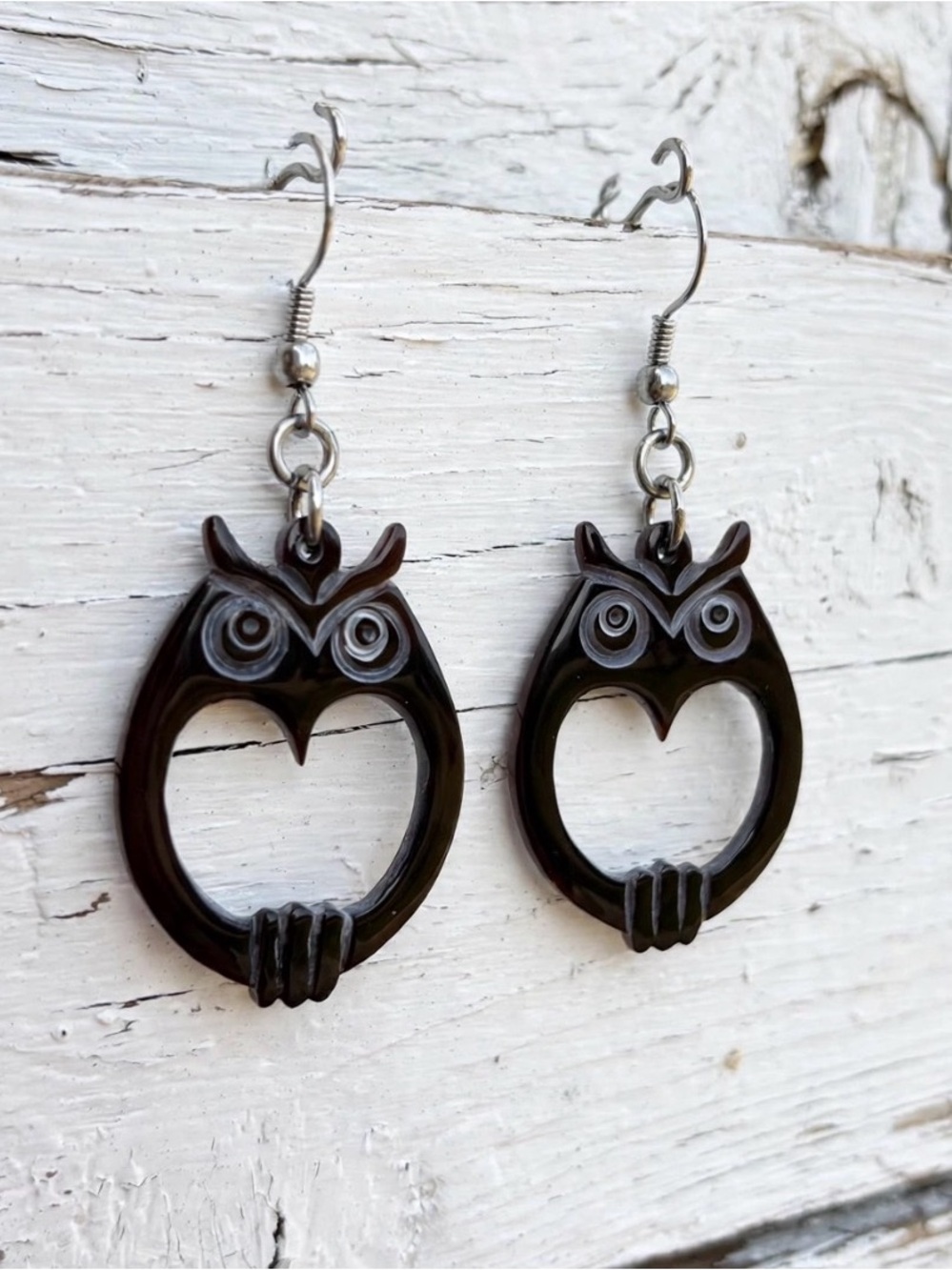 Small Brown Lip Shell Owl Earrings - Hand-Carved Statement Dangles
